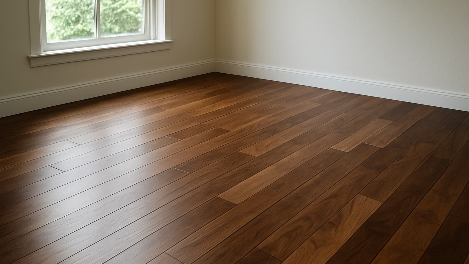 A finished hardwood floor in a room with white trim, displaying medium to dark brown planks with natural grain patterns and wood reflectivity.