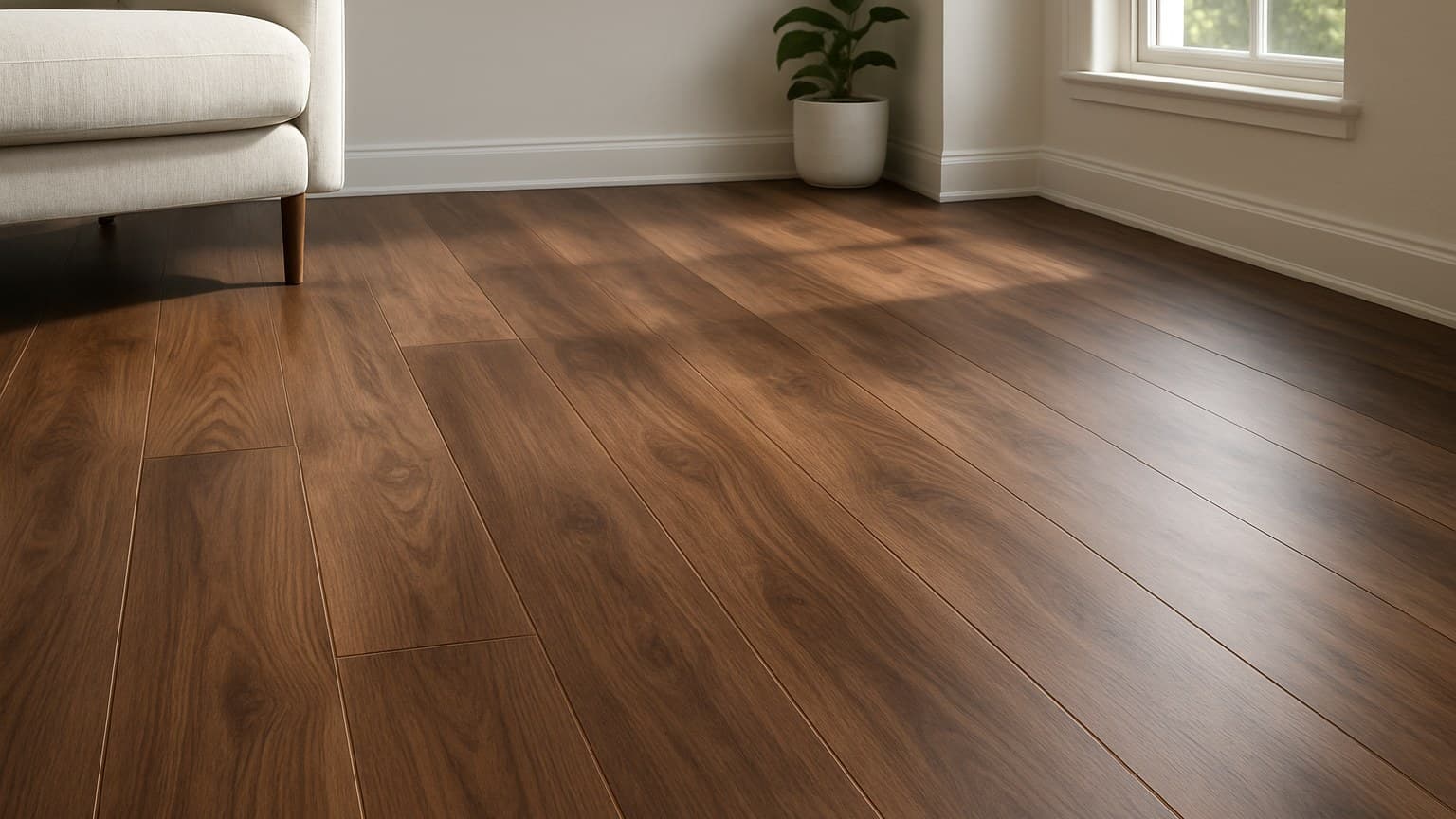 A modern living room with warm-toned wood plank flooring, white walls, furniture, and natural light from a window