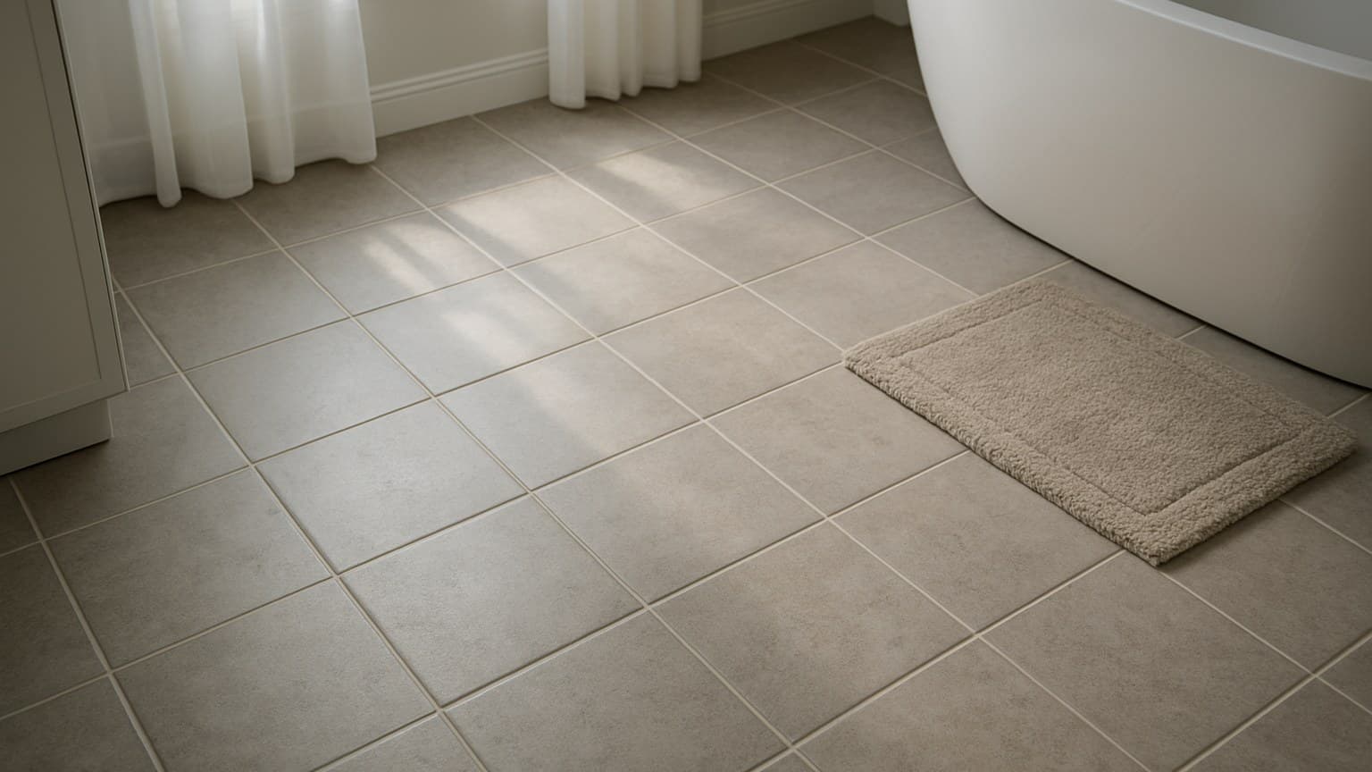 A bathroom interior with a light-colored tiled floor in a grid pattern, bathtub visible on the right, and a bath mat on the floor.
