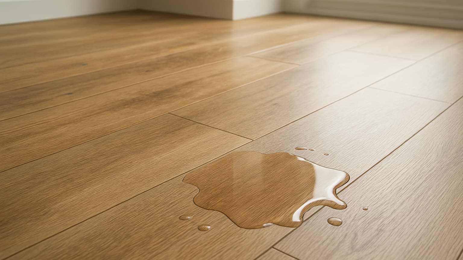 A plank-style floor with wood-grain appearance showing a water spill with beading droplets on the surface.