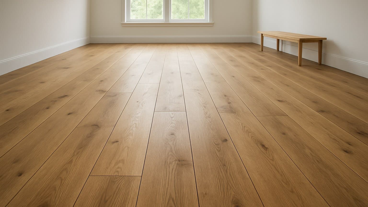 Empty room with golden-toned hardwood planks stretching across the floor, white walls, and a window