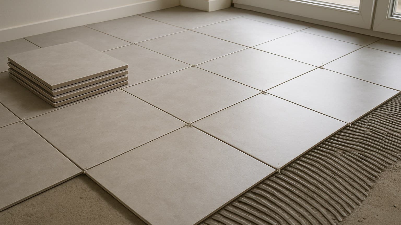 In-progress installation of light-colored floor tiles with mortar base and stack of tiles visible.