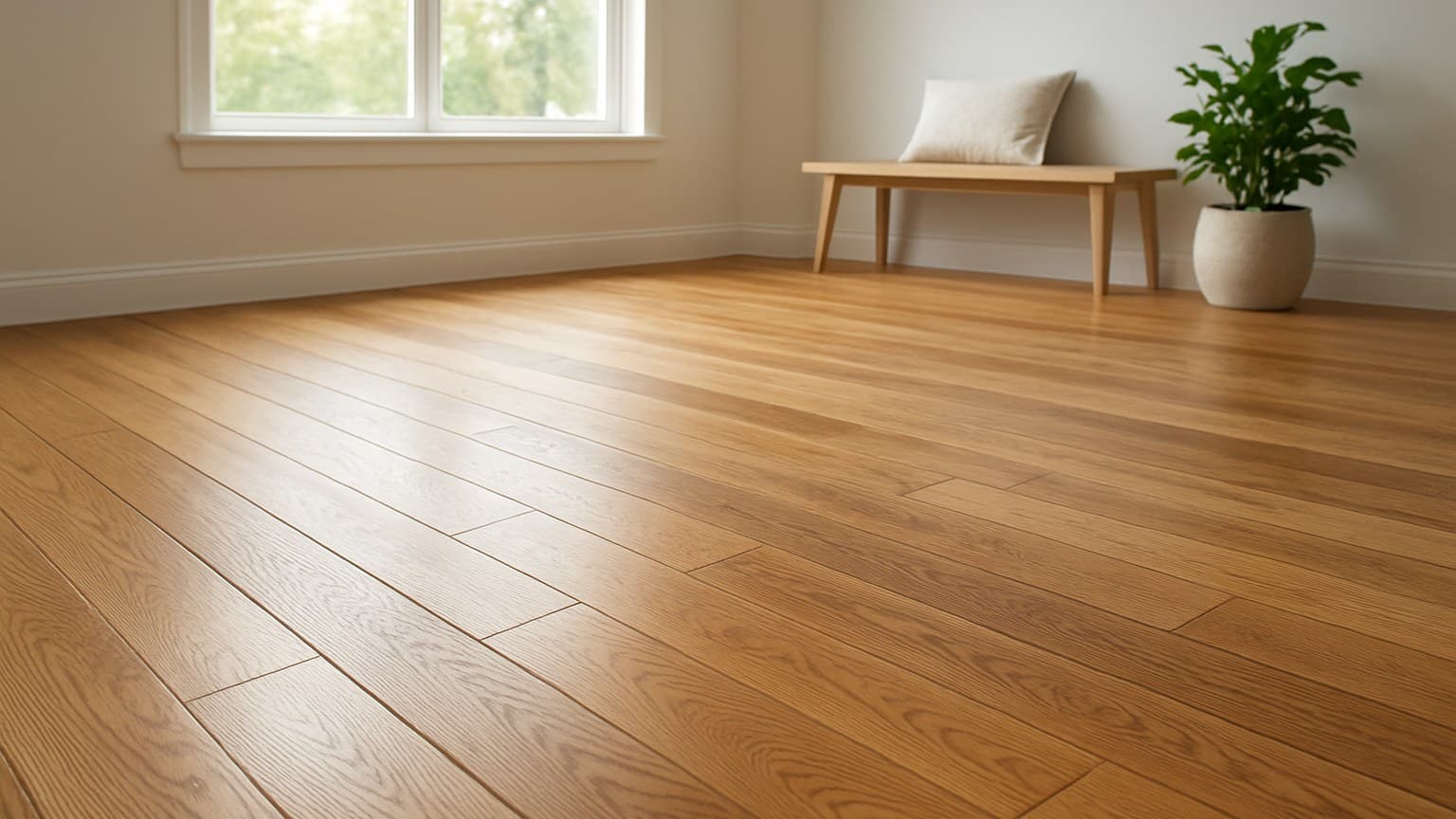 A spacious room with light-colored wood plank flooring, a wooden bench with cushion, potted plant, and windows with natural light.