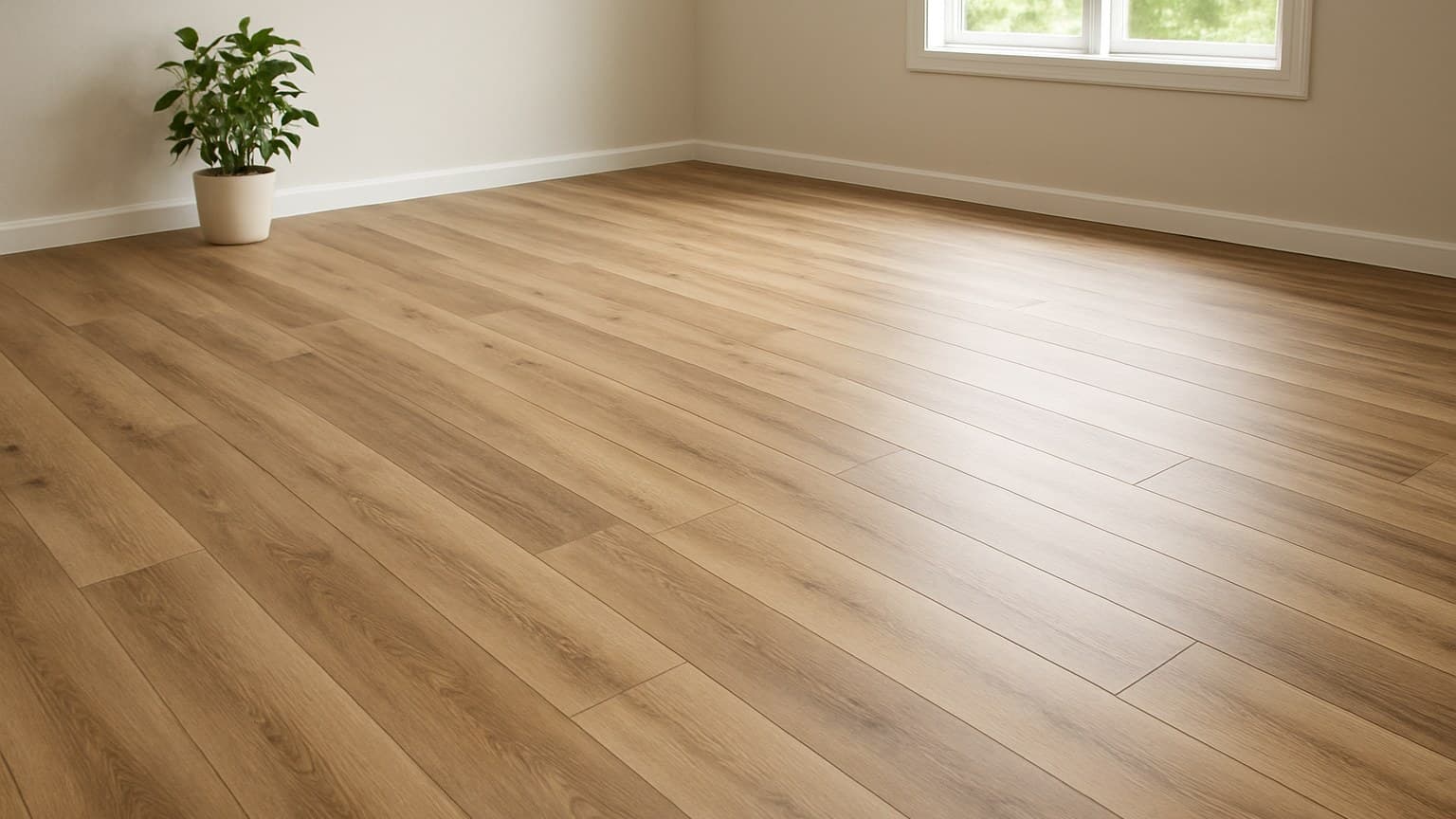 Wood-grain patterned plank flooring in a room with natural light and a potted plant.