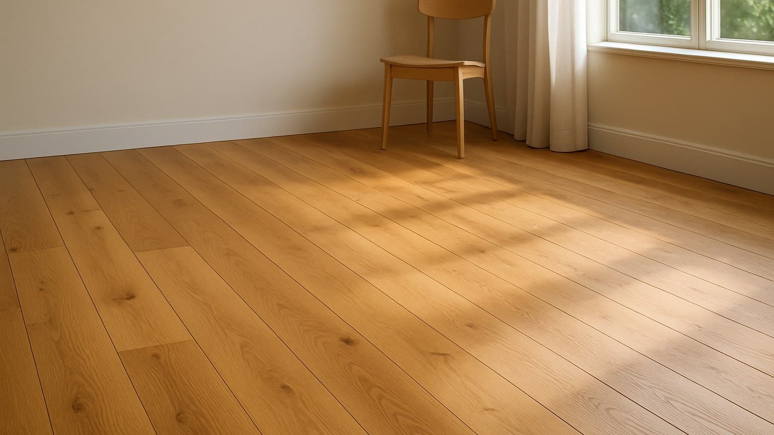 A sun-lit room with honey-colored hardwood plank flooring and minimal furnishings.