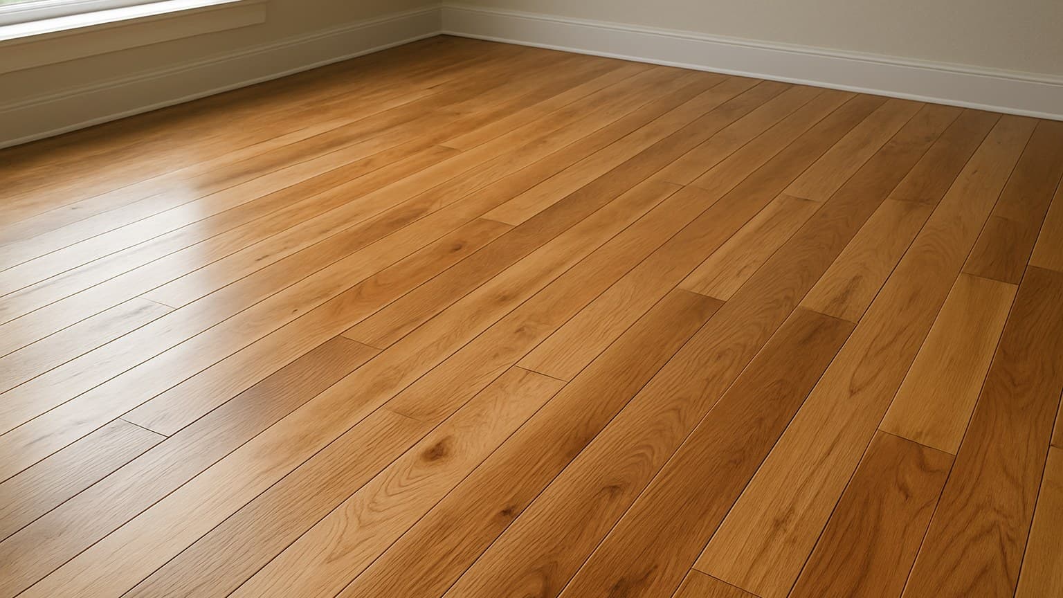 A room with solid hardwood plank flooring in medium-warm brown tones, displaying visible grain patterns and knots typical of hardwood species.