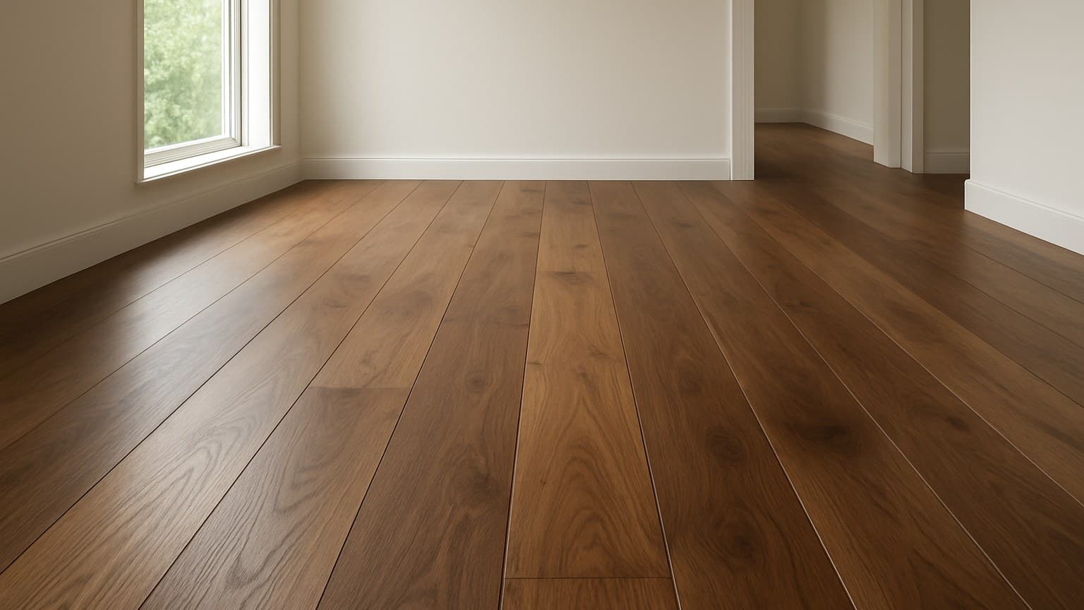 Empty room with wide-plank hardwood flooring in warm brown coloring