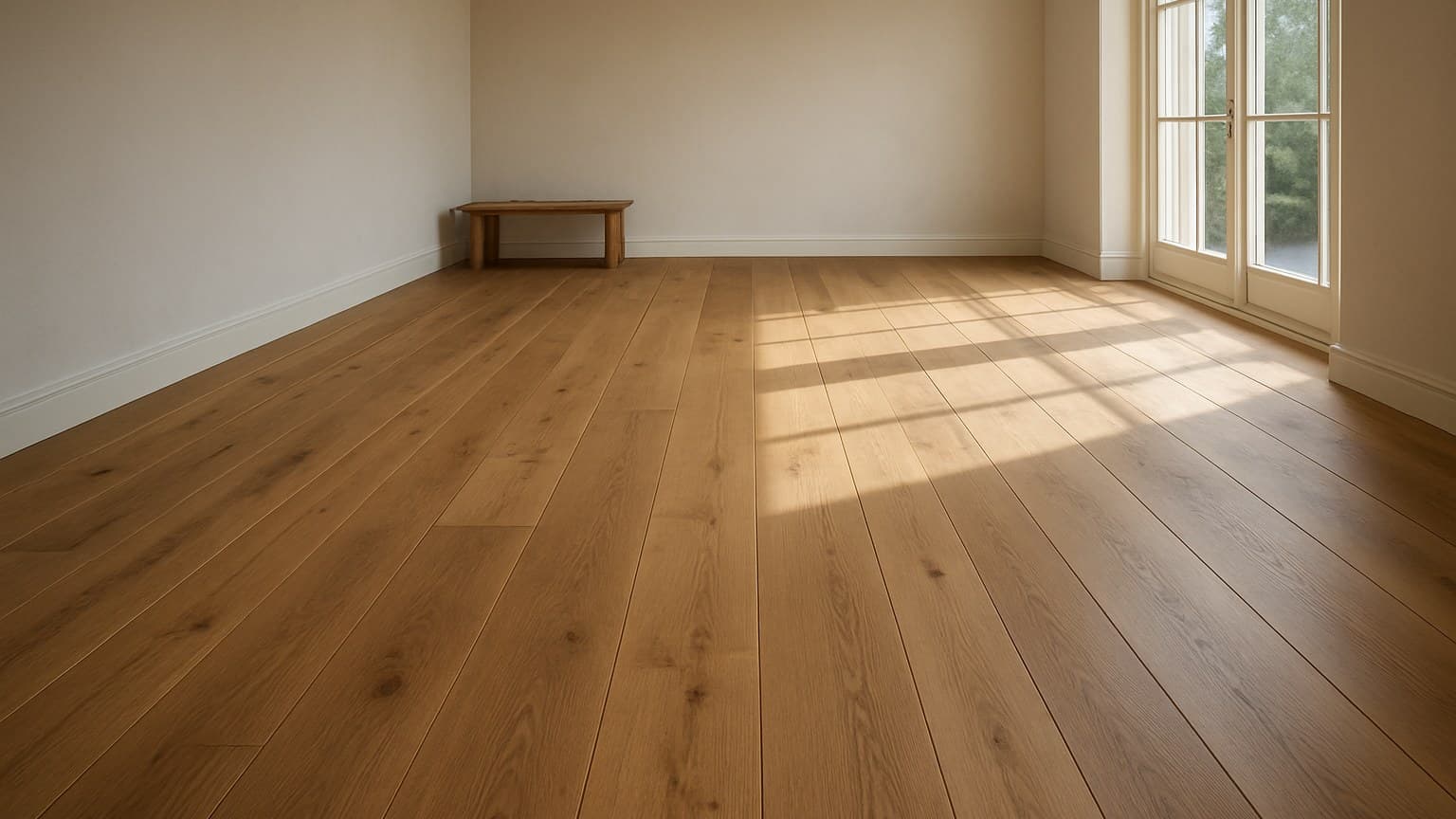 A room with light-brown wood plank flooring illuminated by natural light from windows