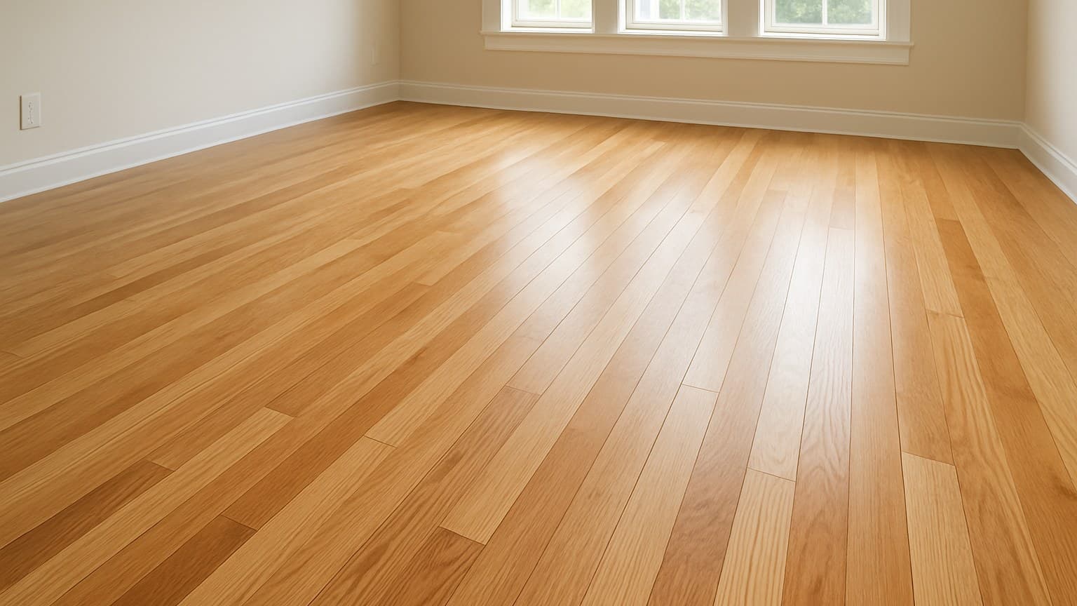 A room with golden-toned wood strip flooring arranged in a running pattern, windows visible in background.