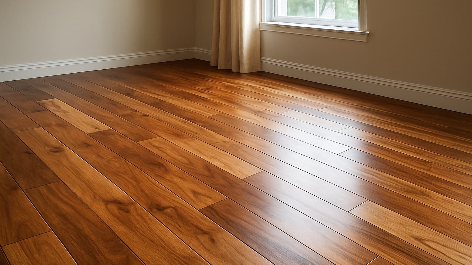 A polished wood plank floor in a bright room with beige walls, baseboard trim, and a window with curtains.