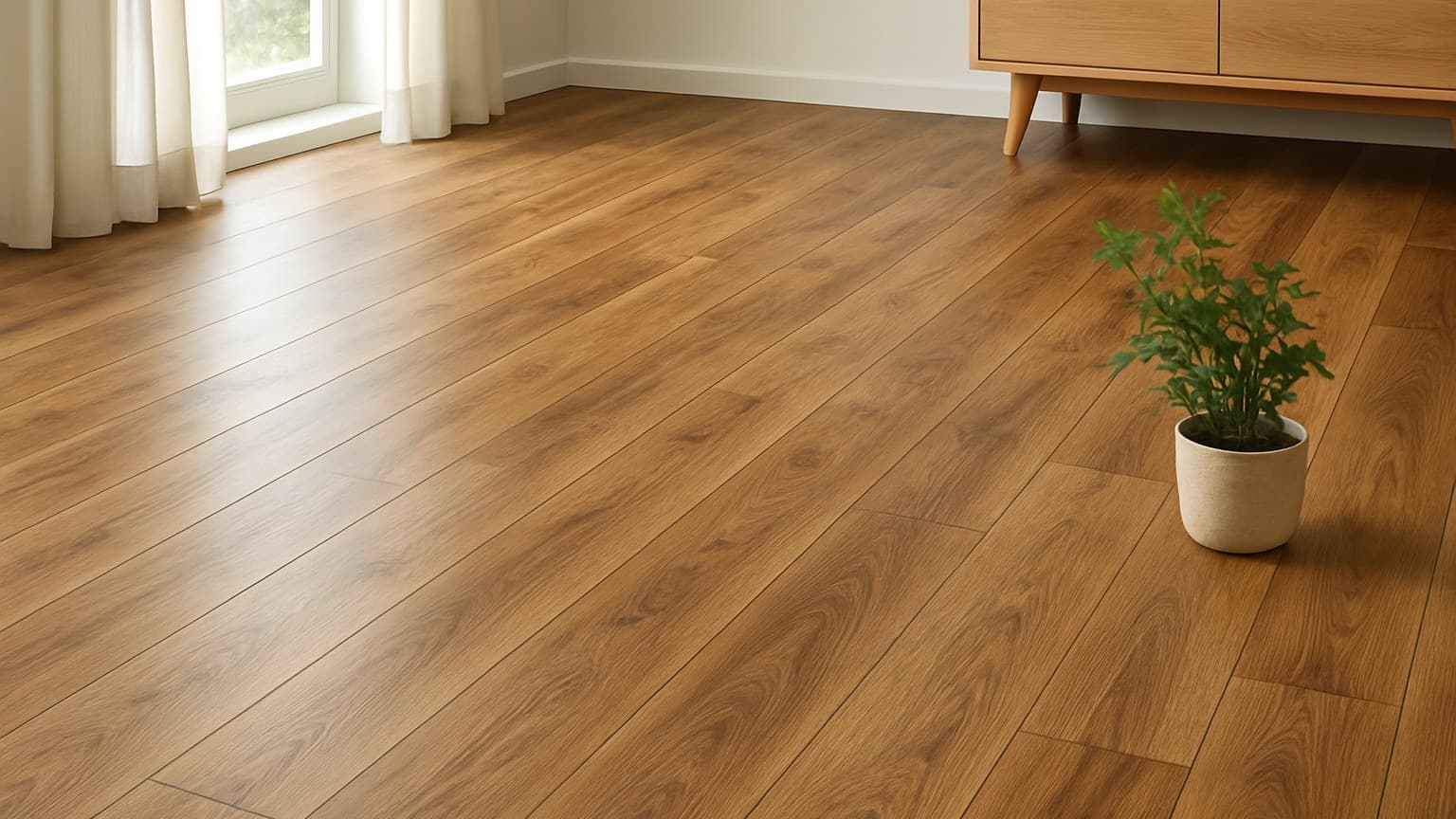A modern room with light-colored laminate plank flooring featuring wood grain pattern, furnished with wooden furniture and potted plant near a window.