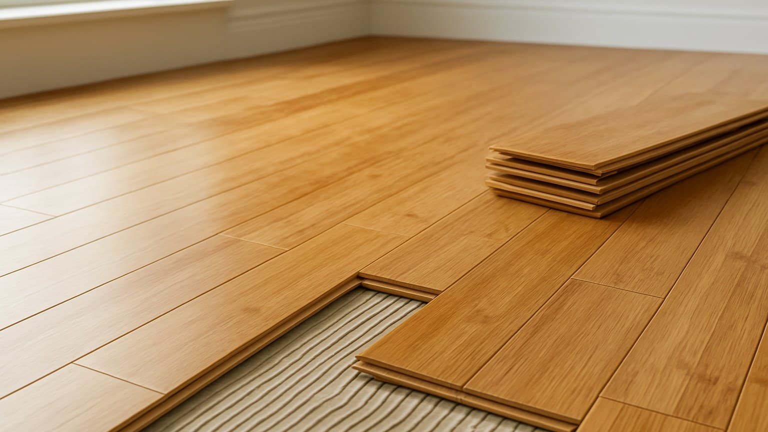 A room with wooden flooring planks partially installed, with stacked planks and exposed underlay mat visible on the right side.