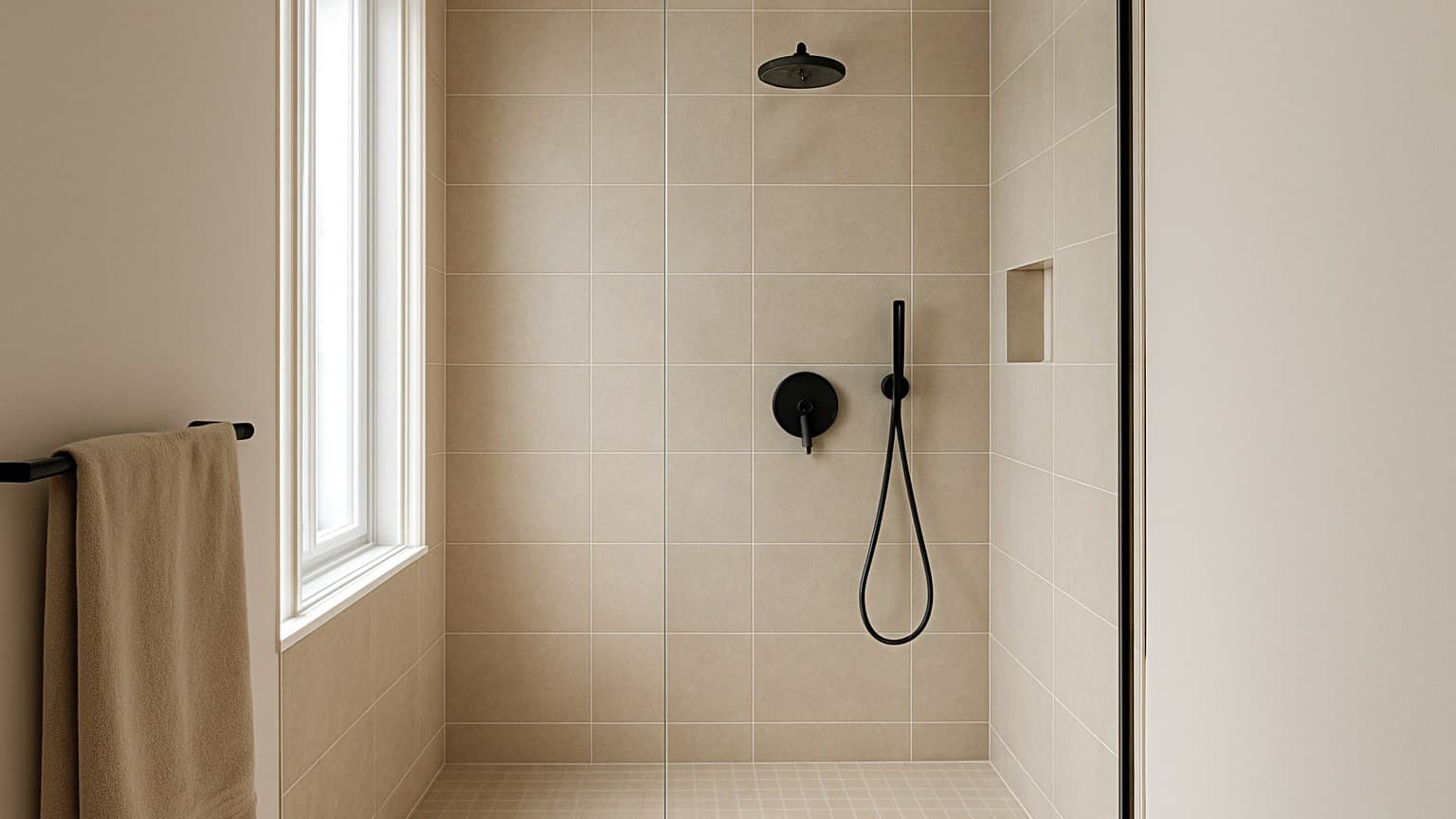 A modern bathroom with a tiled shower enclosure featuring a rainfall showerhead and handheld shower fixture.