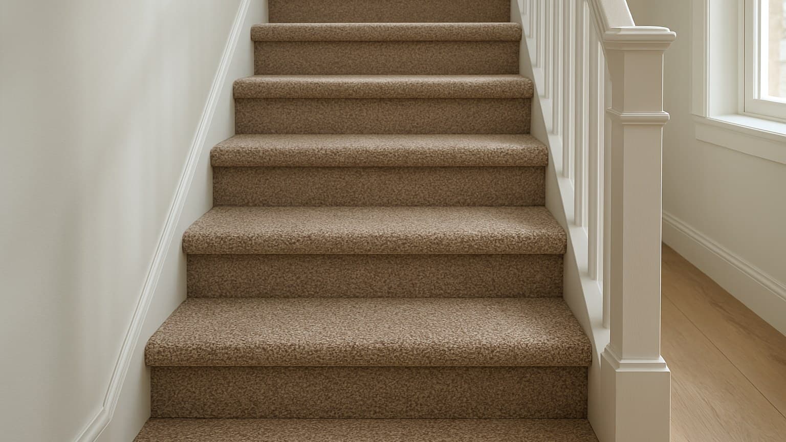 A staircase with brown carpeting covering the steps and landing in an interior hallway.