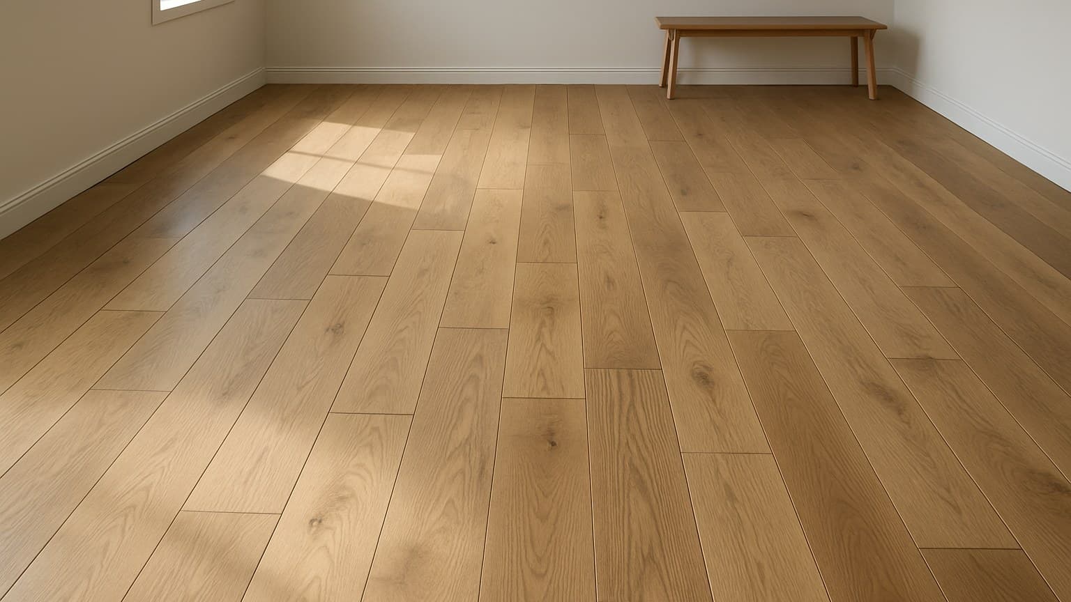 A room with installed wood plank flooring in various tan and brown tones, with bright natural light creating shadows across the surface.