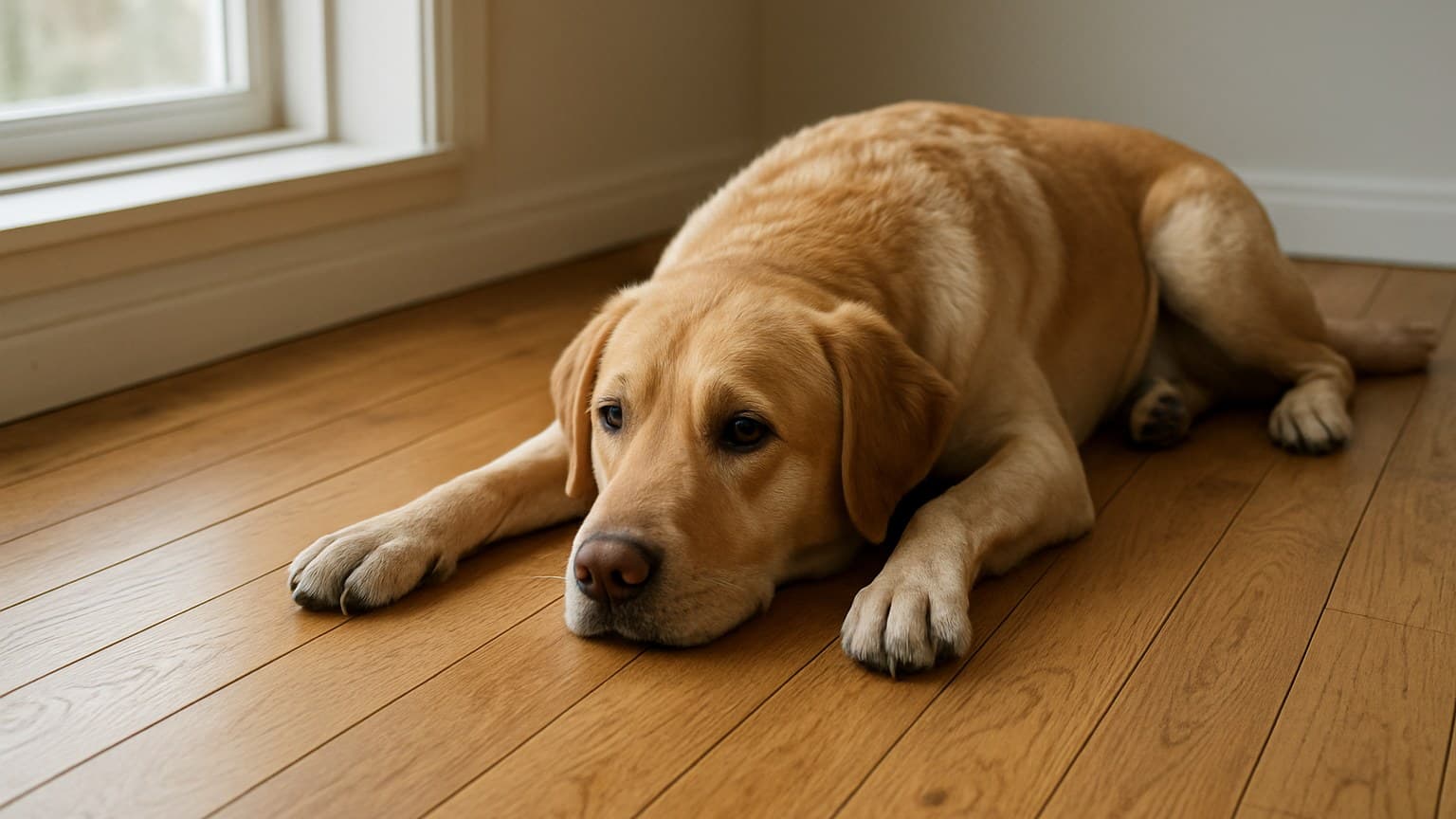 A golden-colored dog resting on wood plank flooring in a sunlit room with windows and white trim.