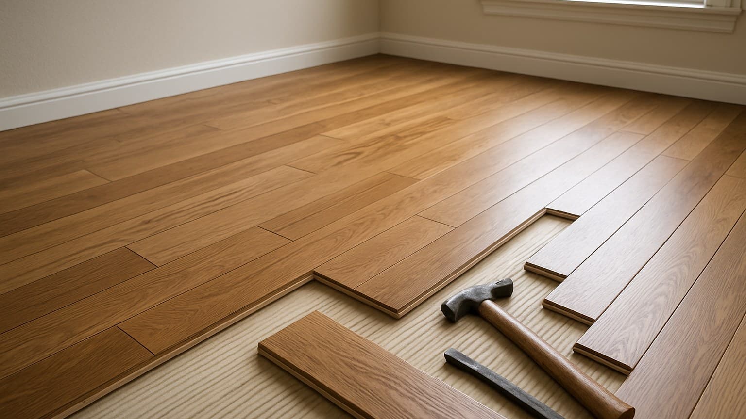 A room with partially installed hardwood flooring, installation tools, and materials laid out in various stages of placement.