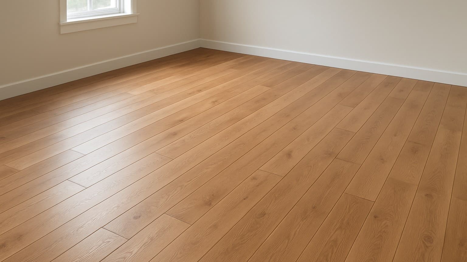 An empty room with light brown wood plank flooring, white baseboards, and beige walls with a window