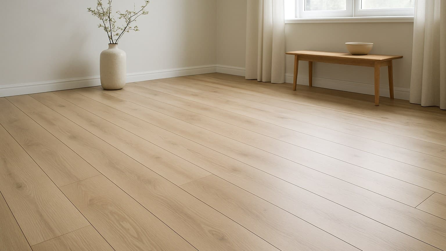 A bright room with light-colored wood plank flooring, a vase with dried flowers, and a wooden bench