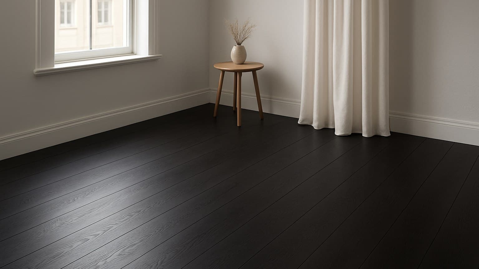 A minimalist room with a polished dark wood floor, windows, white curtains, and a wooden stool.