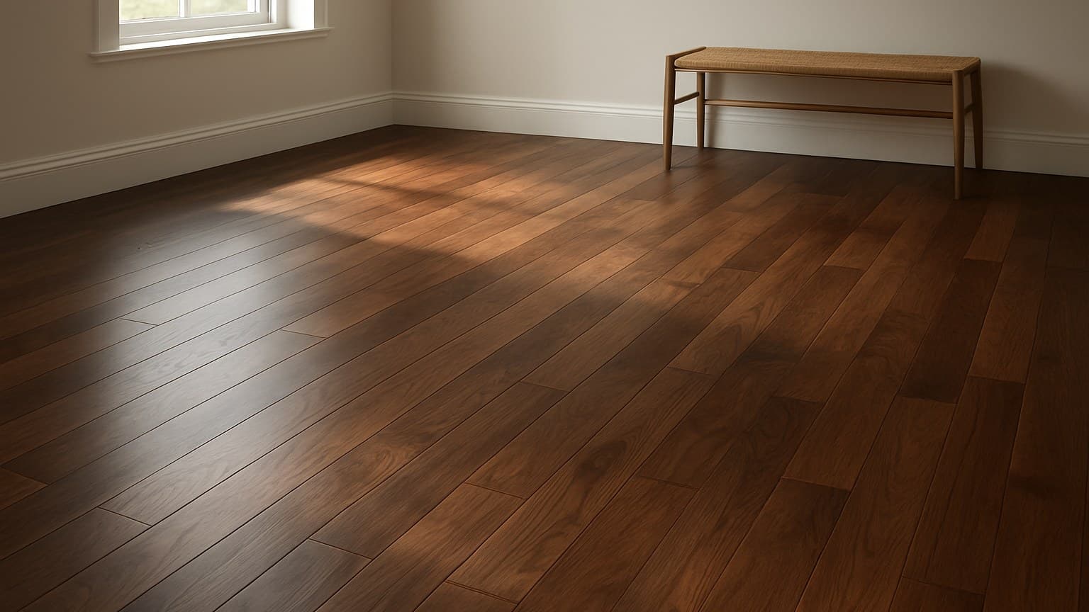 A residential room with a dark brown hardwood floor installed in planks, with natural grain visible and varying wood tones.