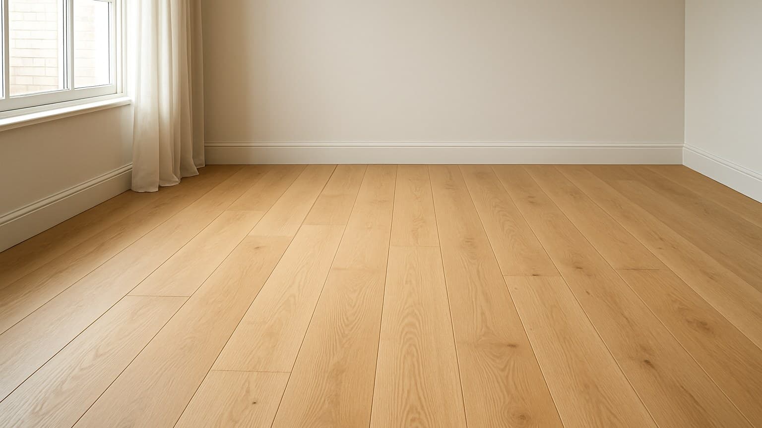 Empty room with light wooden plank flooring and natural daylight from a window