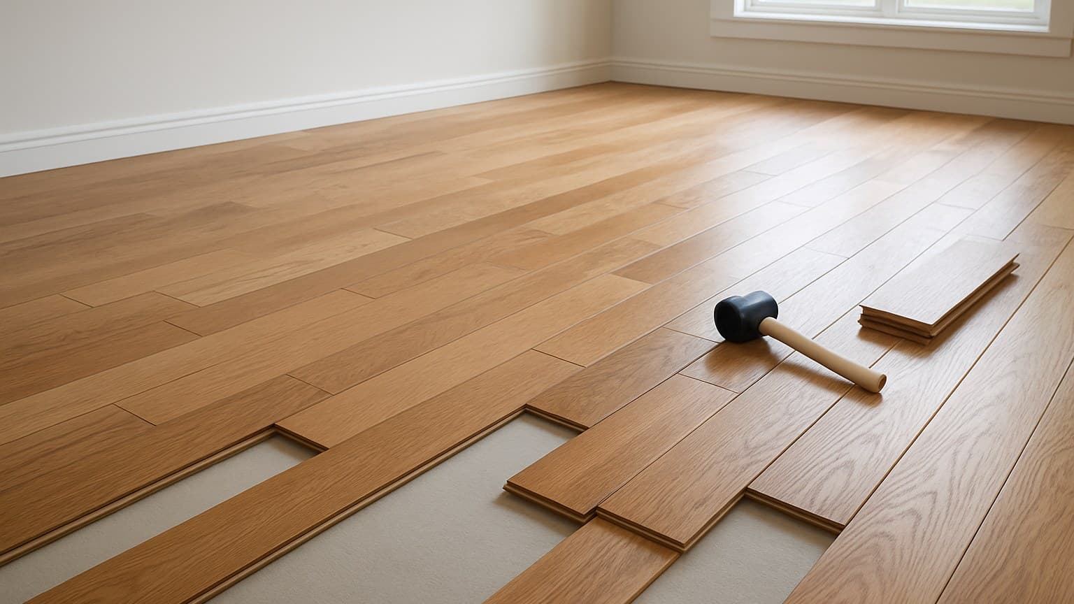 A room with wooden planks partially installed on underlayment, with a hammer and flooring materials visible during installation.