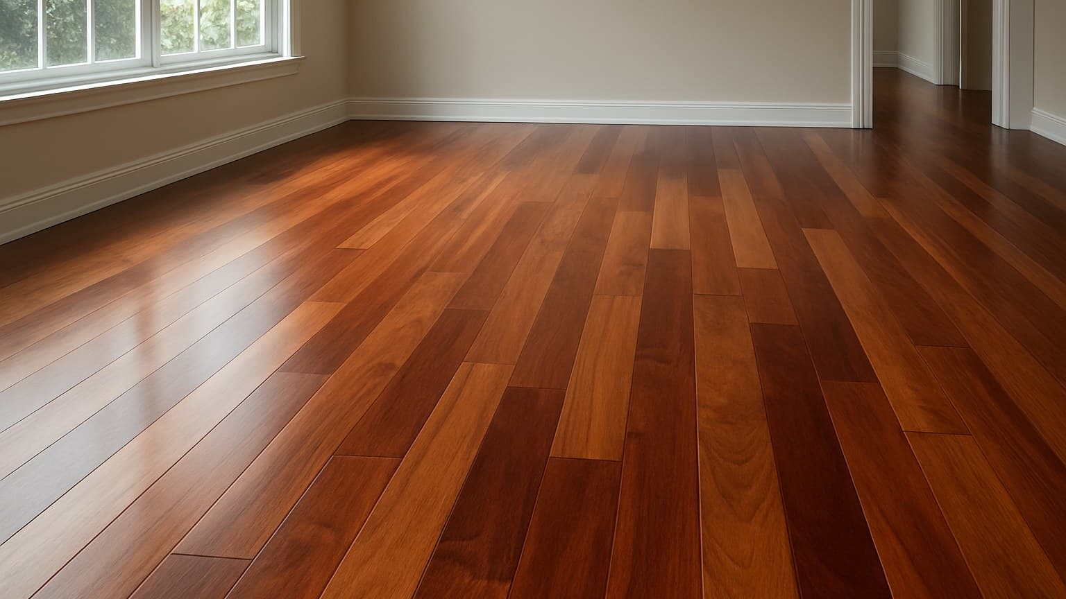 A polished hardwood floor with reddish-brown coloring and linear grain patterns, lit by natural sunlight from a side window