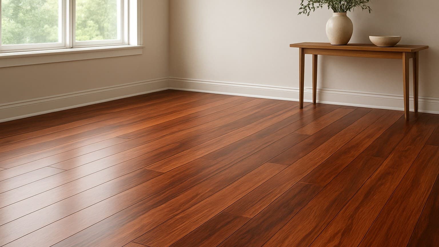 A room with reddish-brown plank flooring, a wooden table with decorative items, and pale walls with windows