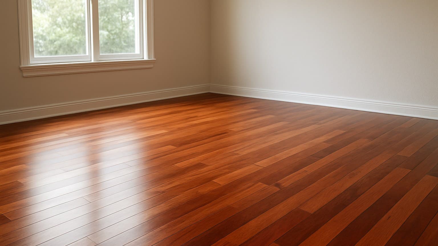 A polished hardwood floor with warm reddish-brown grain patterns in an empty room with windows.