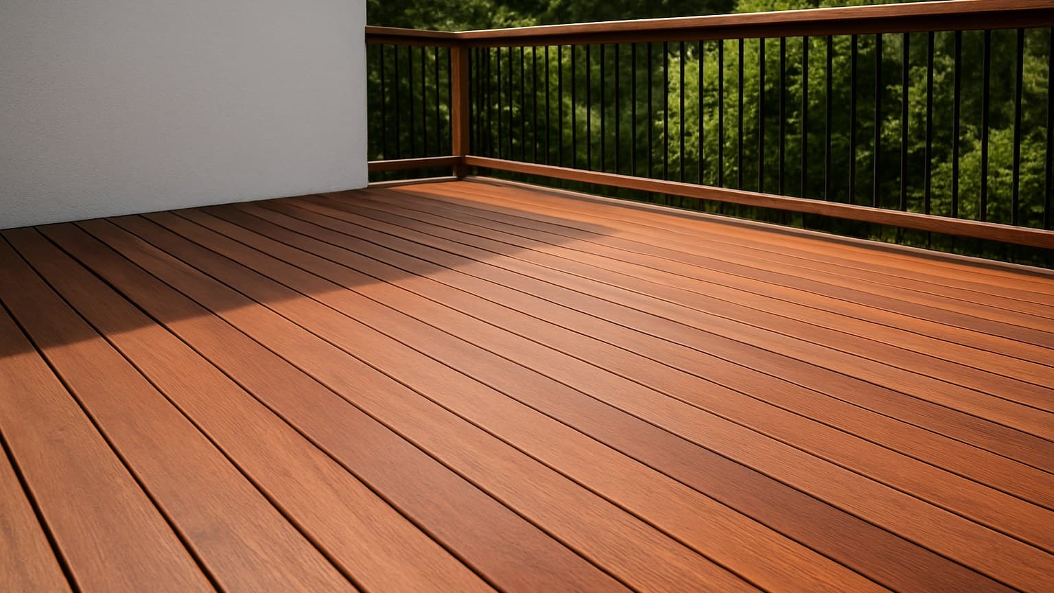A wooden deck with parallel planks in warm reddish-brown tones, featuring a black railing overlooking forested landscape.