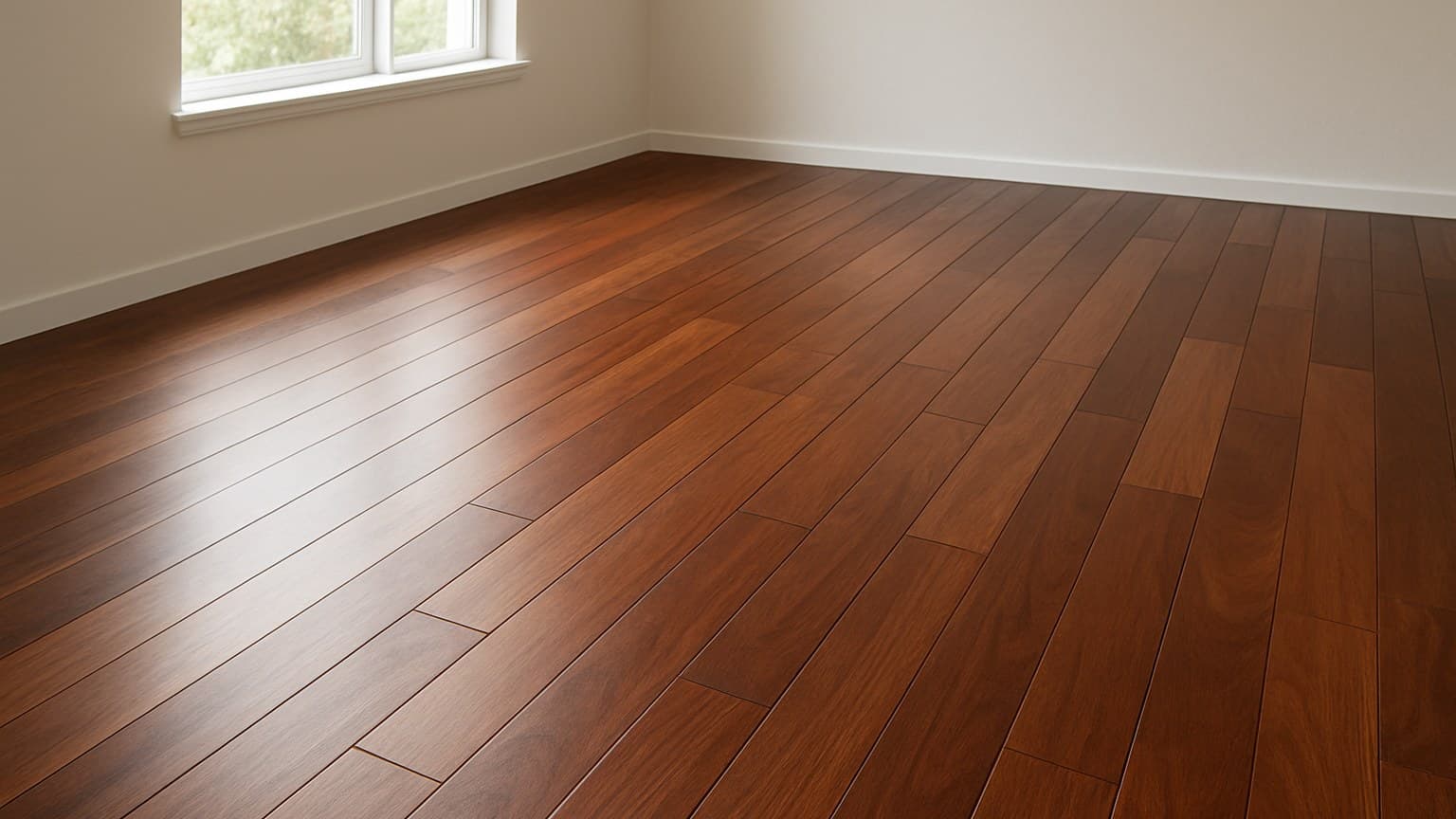 An empty room with a polished dark reddish-brown hardwood floor in plank pattern, white walls, and natural lighting from a window.