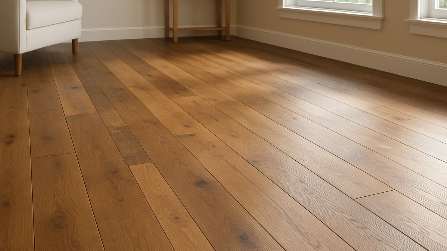 A room with medium-brown hardwood plank flooring displaying visible grain and darker knots throughout the planks.