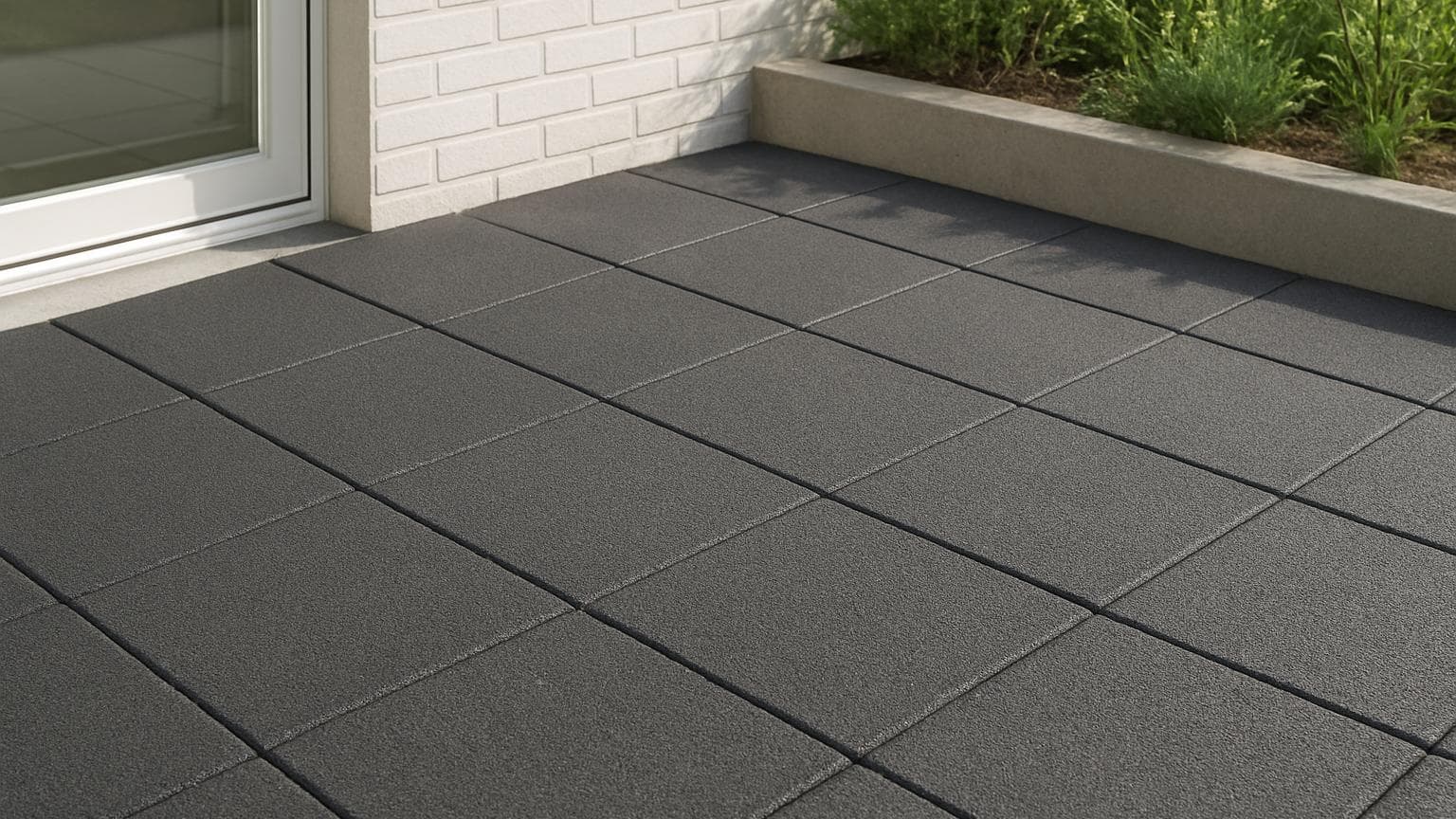 Dark gray interlocking tiles arranged in a grid pattern on a residential patio against a white brick wall.