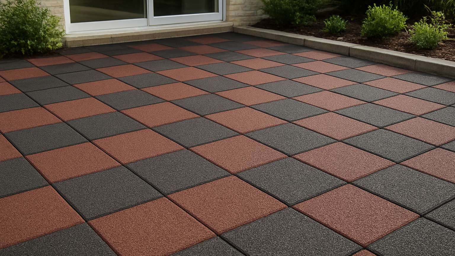 A patio adjacent to a house features alternating terracotta and dark gray square tiles arranged in a checkerboard pattern.