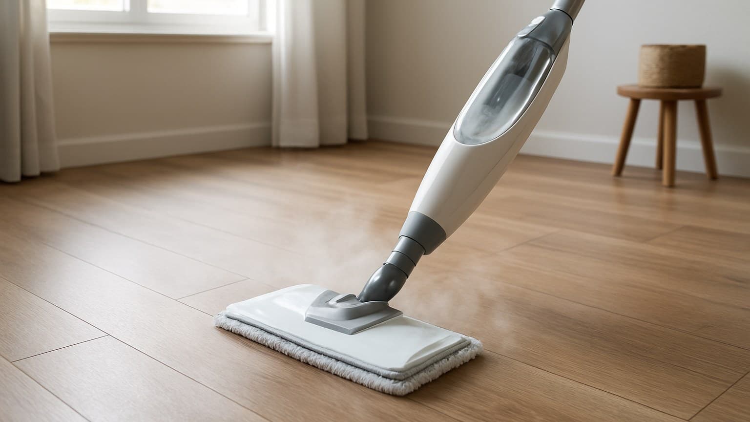 A handheld steam mop device cleaning a plank-style floor in a bright room with windows and furniture visible in background