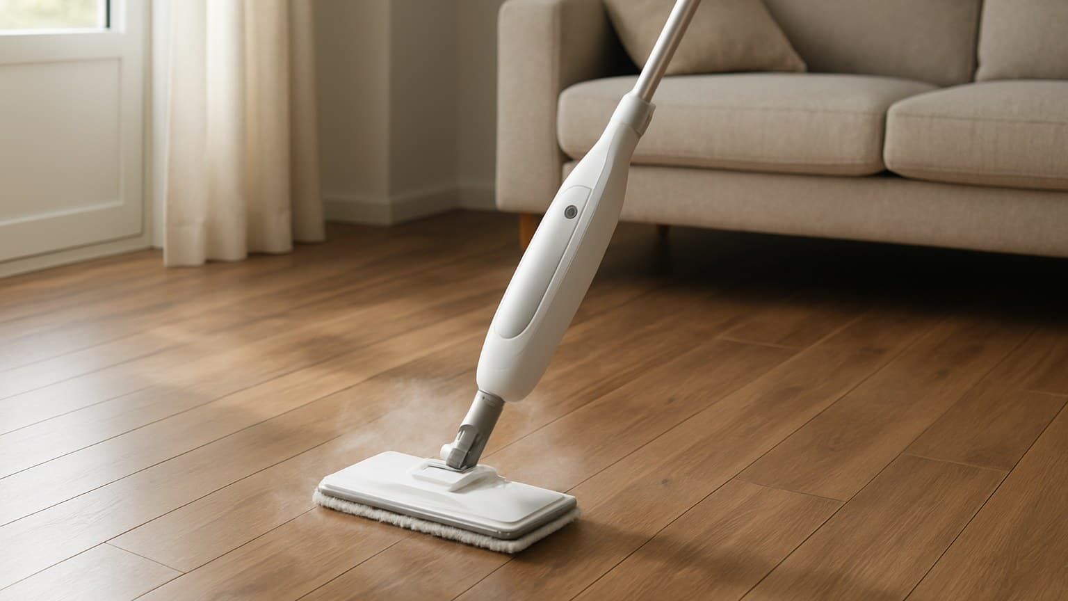 A steam mop with white handle cleaning a wood-grain plank floor in a living room setting.