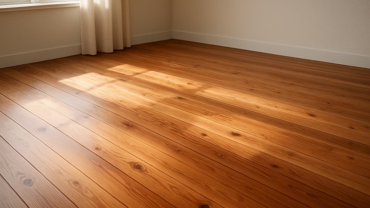 A room with warm-toned hardwood flooring showing visible grain and knot patterns