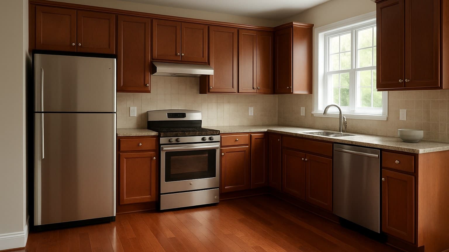A modern kitchen with dark wooden cabinets, stainless steel appliances, and warm reddish-brown hardwood flooring throughout.