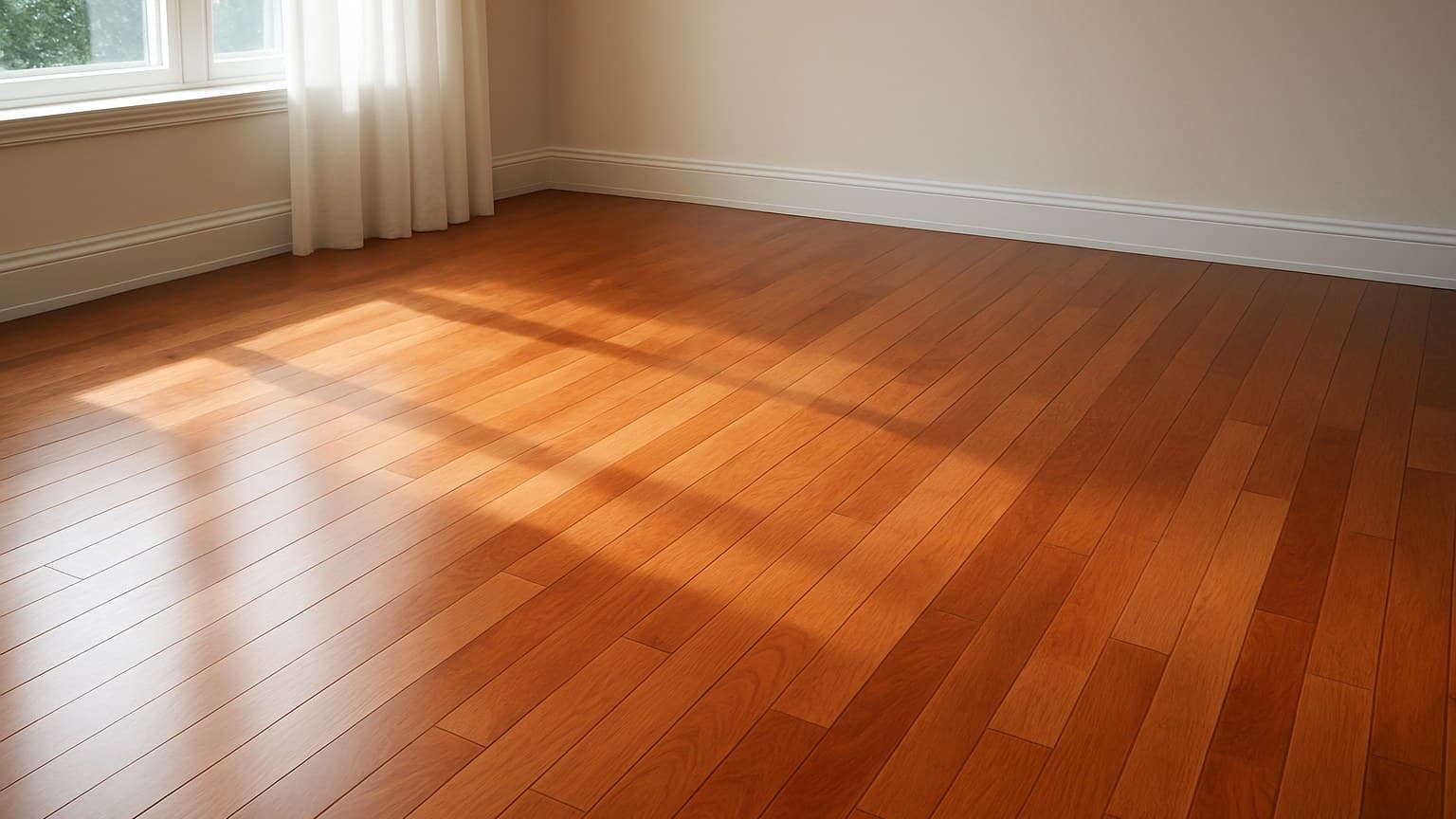 A room with warm-toned hardwood flooring, windows with curtains, and white walls.