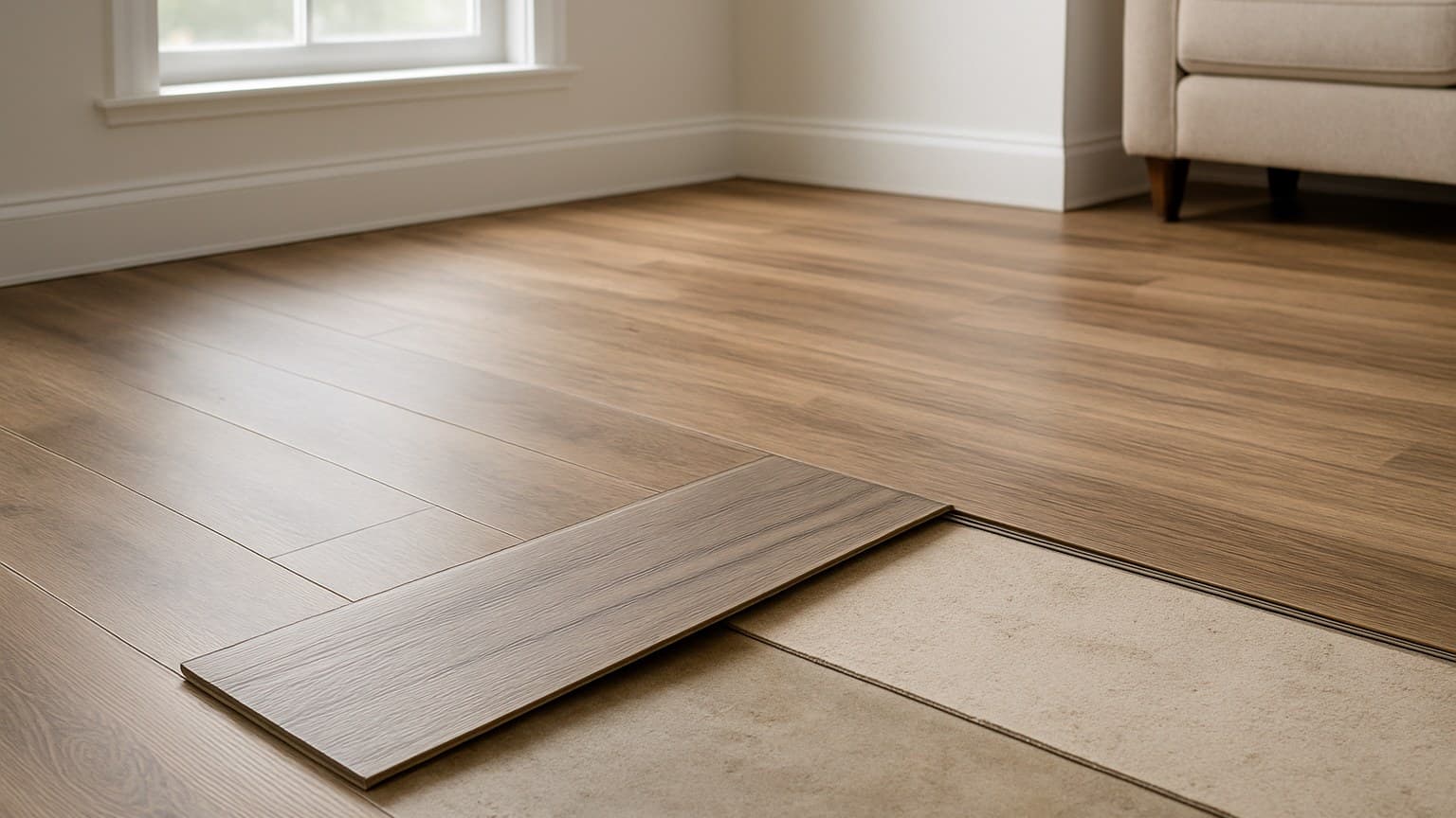 A room with wood-grain patterned plank flooring and a flooring sample board displayed on the floor.