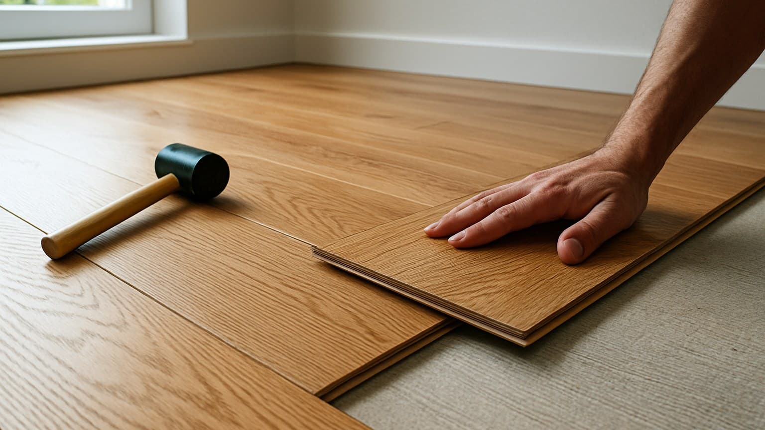 A person installing wooden floor planks indoors, with a hammer and installed flooring visible.