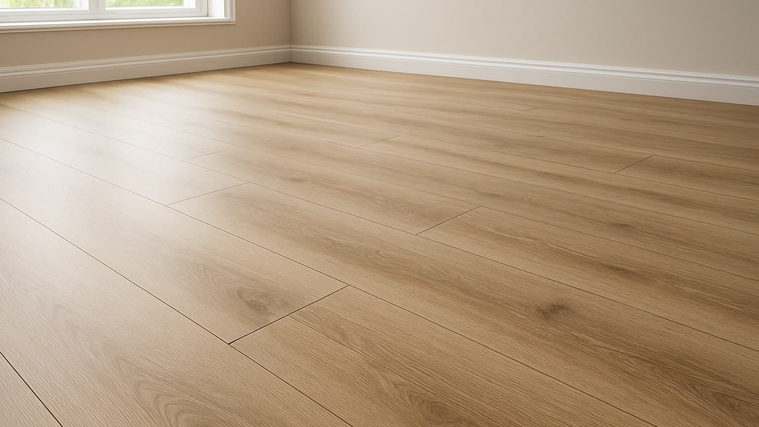 Room with installed plank flooring displaying wood-grain finish and seams typical of vinyl or laminate flooring.