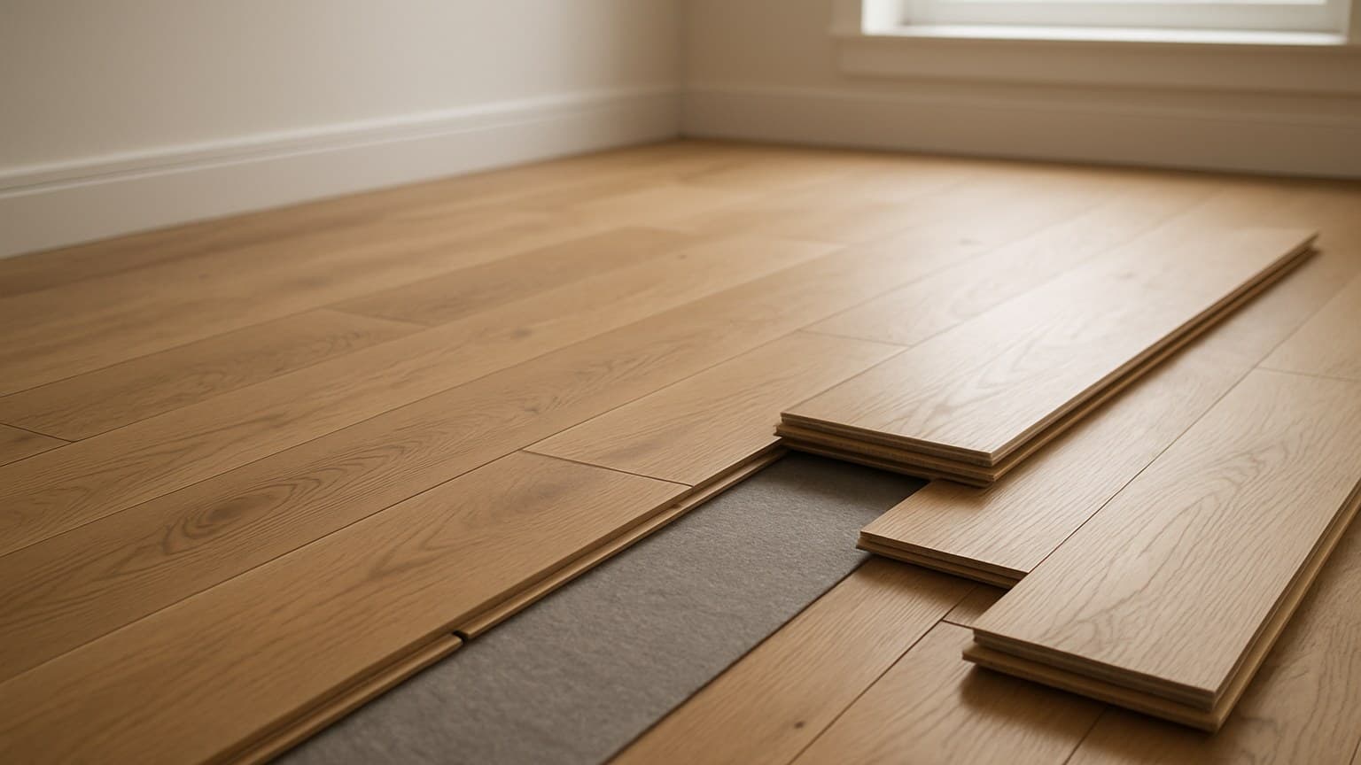 A bright empty room with wood-textured flooring partially installed, including visible underlayment and planks in progression.
