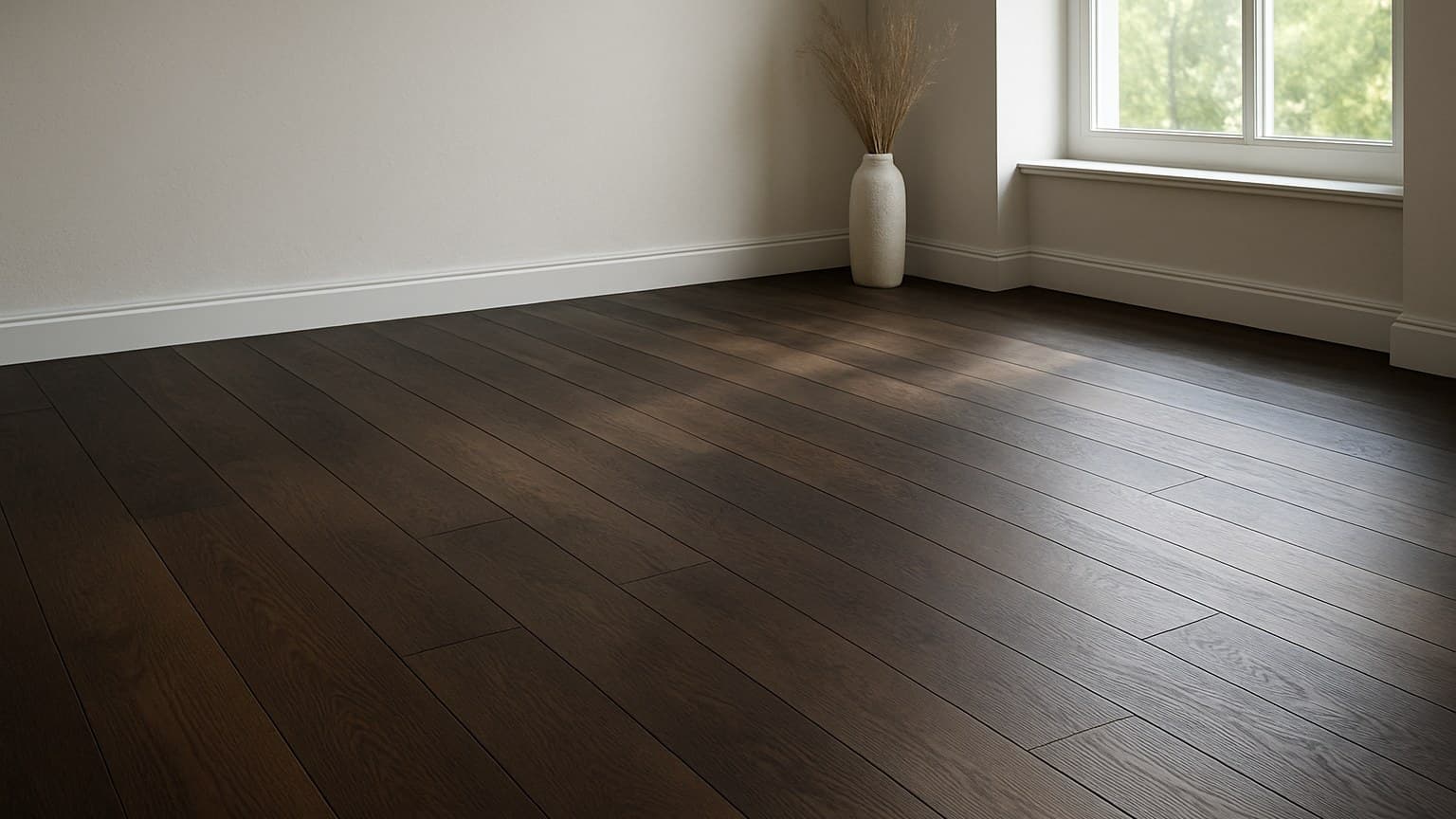 A room interior with dark hardwood flooring, white walls, a window with natural light, and white baseboard trim.