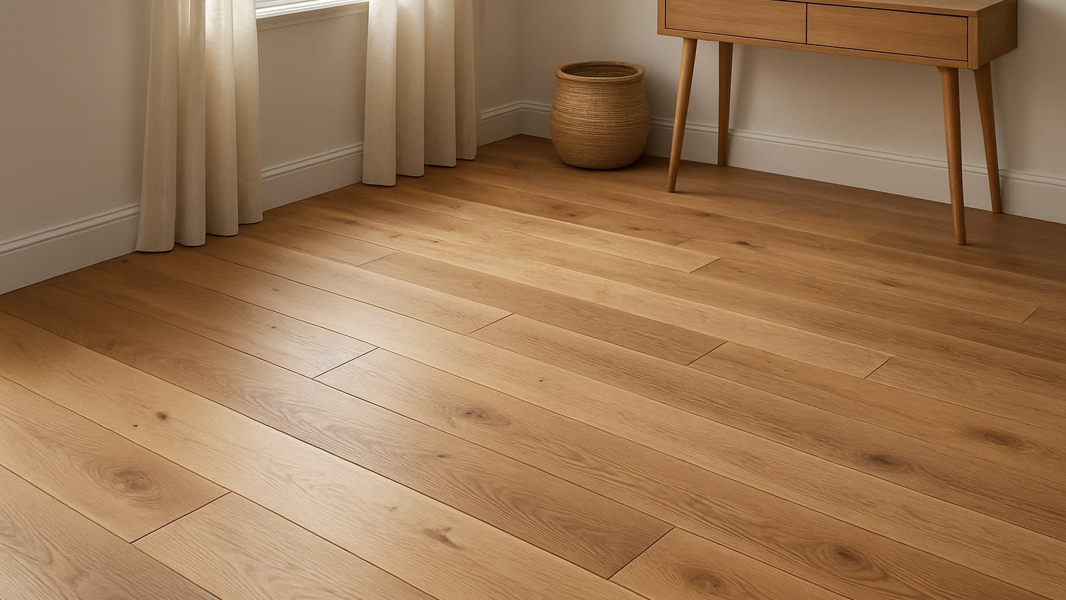 Light wood plank flooring installed in a residential room with furniture and decor