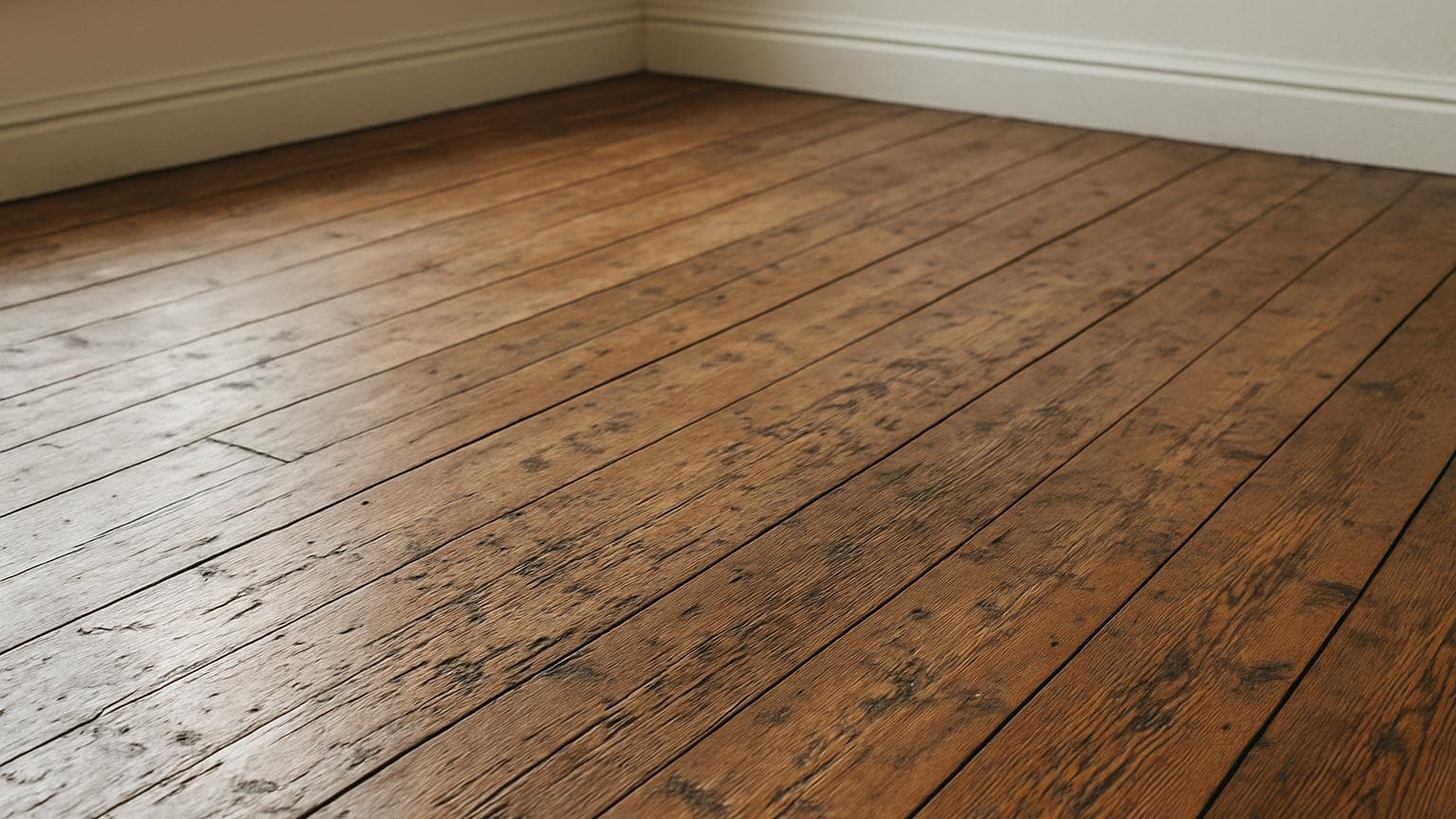 A wooden floor with visible grain, scratches, marks, and weathered discoloration across its surface.