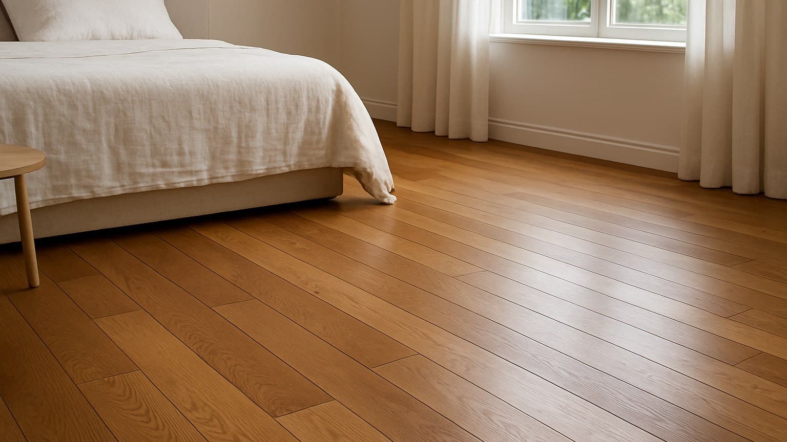 A bedroom with wooden plank flooring, bed with white linens, large window with white curtains, and natural lighting.
