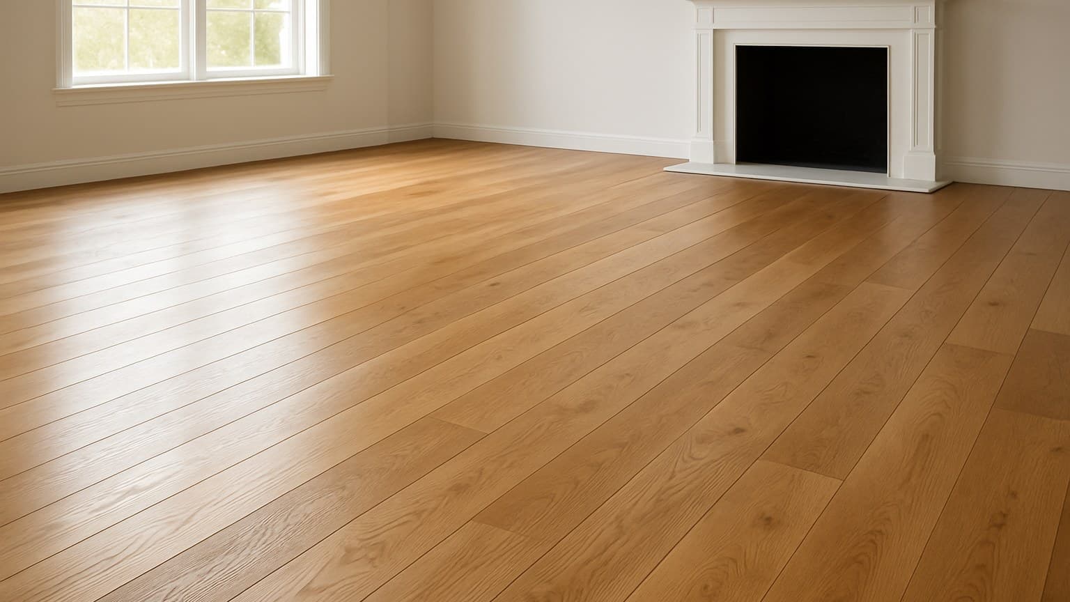 A room interior with honey-toned wood plank flooring