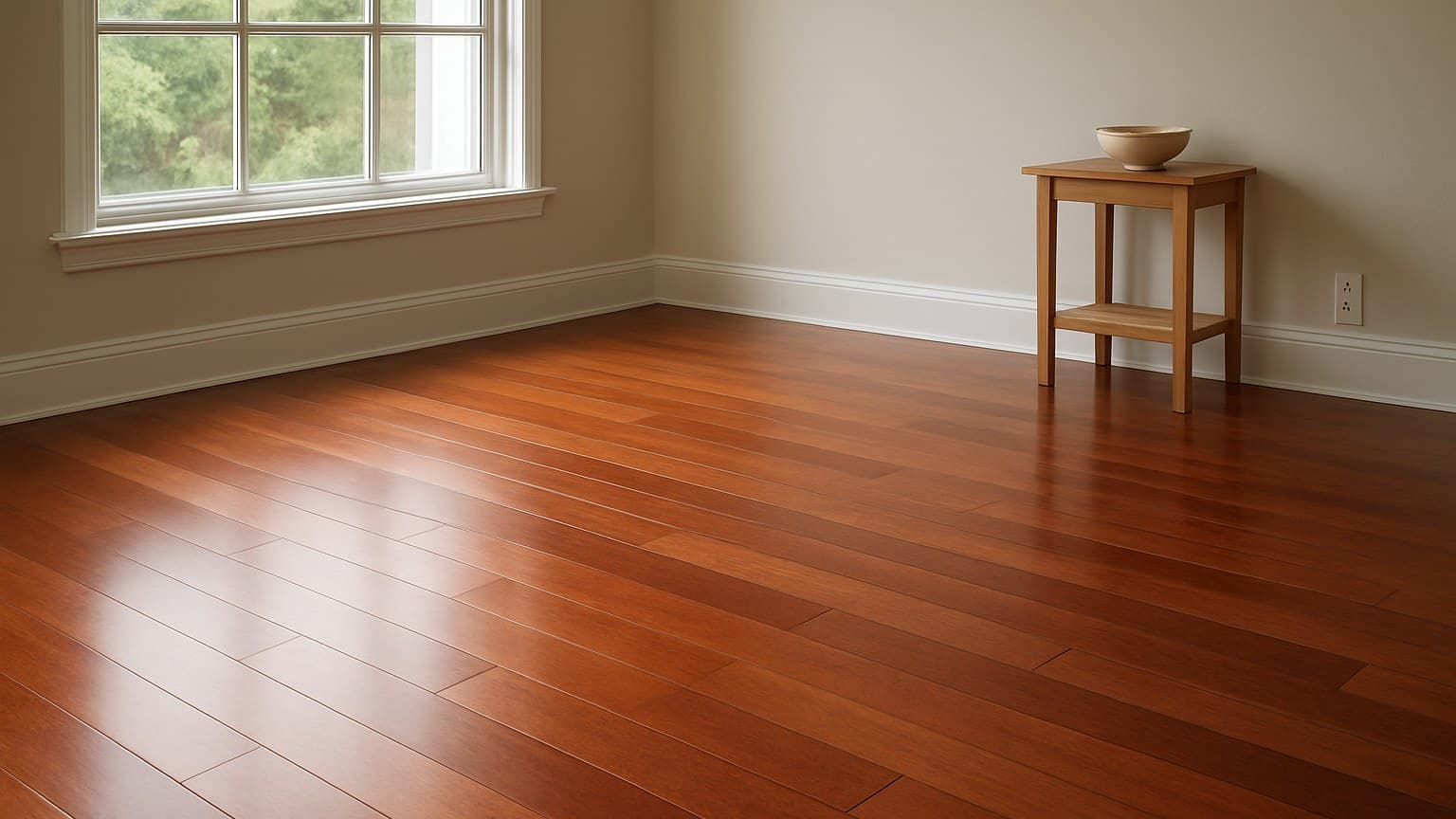 An empty room with rich reddish-brown wood plank flooring, sunlit window, white walls, and a wooden side table.